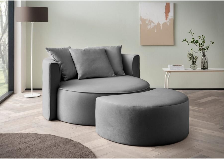 LeGer Home by Lena Gercke XXL-fauteuil Isalie ronde stoel met voetensteun leesstoel loveseat grote stoel trendy stoffen 3 sierkussens groot zitvlak corduroy fluweel bouclé (set) - Foto 5