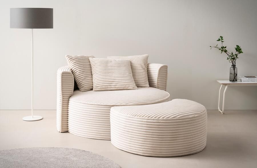 LeGer Home by Lena Gercke XXL-fauteuil Isalie ronde stoel met voetensteun leesstoel loveseat grote stoel trendy stoffen 3 sierkussens groot zitvlak corduroy fluweel bouclé (set)