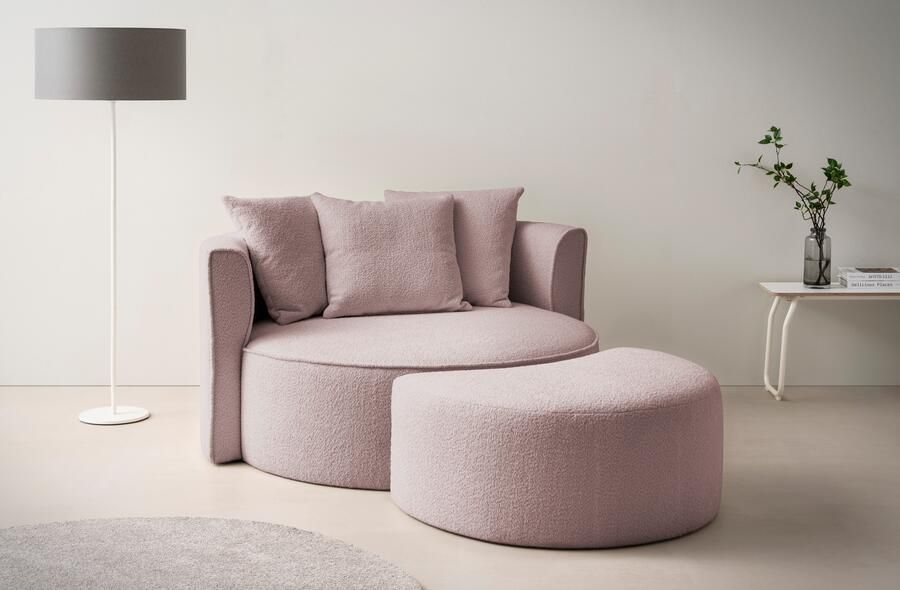 LeGer Home by Lena Gercke XXL-fauteuil Isalie ronde stoel met voetensteun leesstoel loveseat grote stoel trendy stoffen 3 sierkussens groot zitvlak corduroy fluweel bouclé (set)