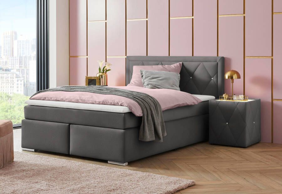 Leonique Boxspring Alfie bestseller optioneel met bedlade met strassteentjes in het hoofdbord h2 h3 en h4 ter keuze