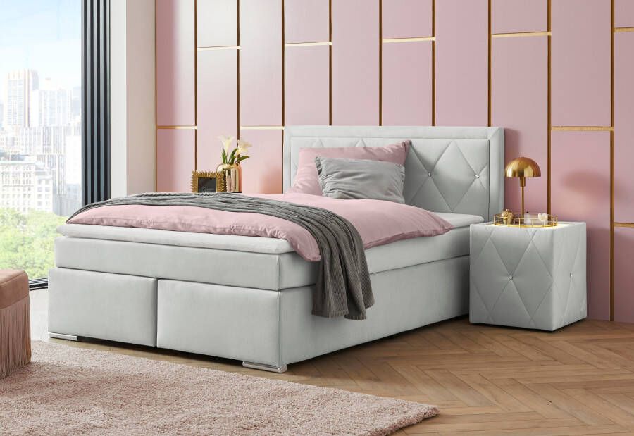 Leonique Boxspring Alfie bestseller optioneel met bedlade met strassteentjes in het hoofdbord h2 h3 en h4 ter keuze