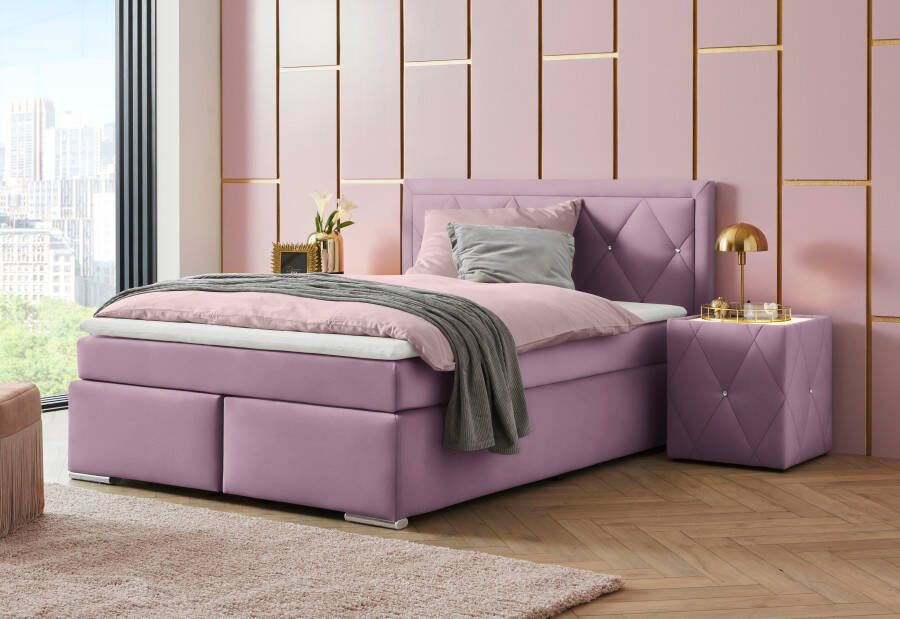 Leonique Boxspring Alfie bestseller optioneel met bedlade met strassteentjes in het hoofdbord h2 h3 en h4 ter keuze