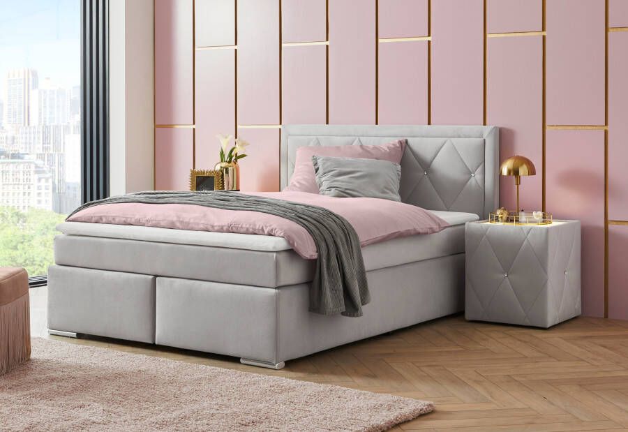 Leonique Boxspring Alfie bestseller optioneel met bedlade met strassteentjes in het hoofdbord h2 h3 en h4 ter keuze