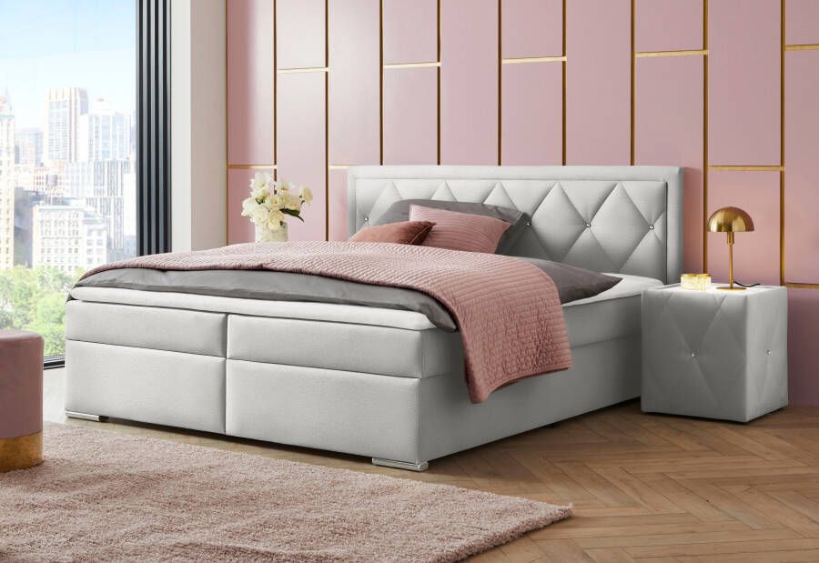 Leonique Boxspring Alfie bestseller optioneel met bedlade met strassteentjes in het hoofdbord h2 h3 en h4 ter keuze