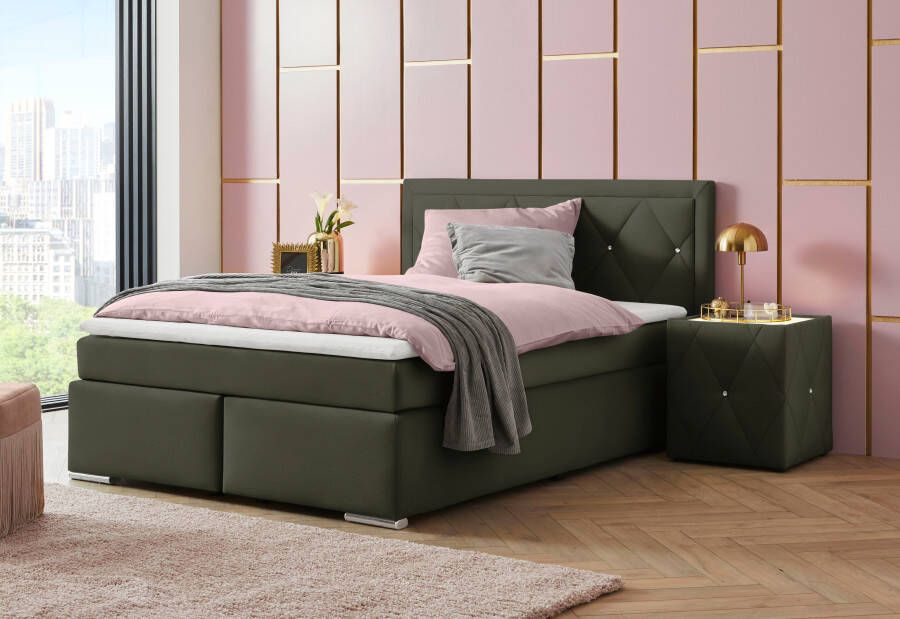 Leonique Boxspring Alfie bestseller optioneel met bedlade met strassteentjes in het hoofdbord h2 h3 en h4 ter keuze