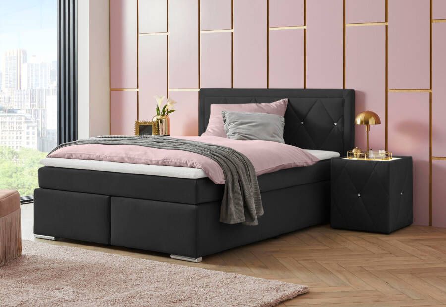 Leonique Boxspring Alfie bestseller optioneel met bedlade met strassteentjes in het hoofdbord h2 h3 en h4 ter keuze