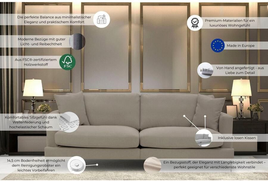 Leonique 3-zitsbank Cozy elegante designbank afmetingen B D H: 211 97 80 cm