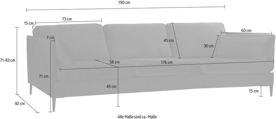 Leonique 3-zitsbank Light inclusief losse sierkussens met smalle armleuningen en telescooppoten