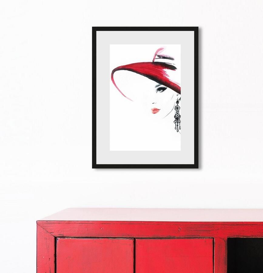 OTTO Artprint met lijst Schets van een vrouw met hoed en oorbel HD premium posterdruk incl. houten lijst (1 stuk) - Foto 2