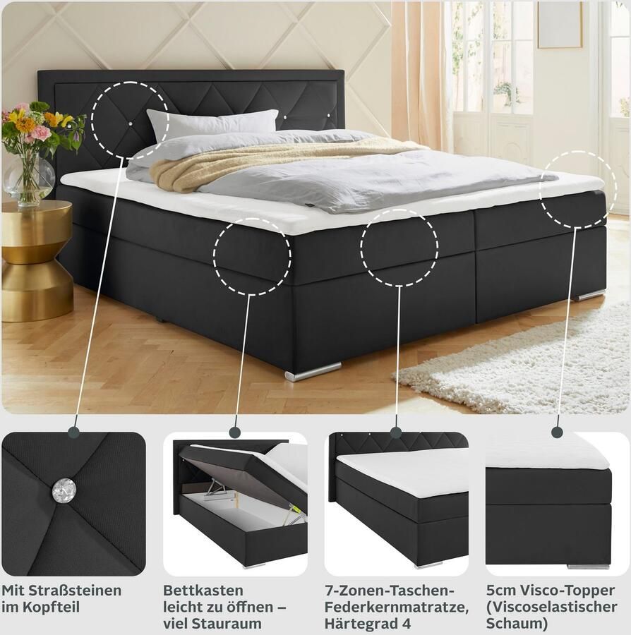 Leonique Boxspring Alfie bestseller optioneel met bedlade met strassteentjes in het hoofdbord h2 h3 en h4 ter keuze