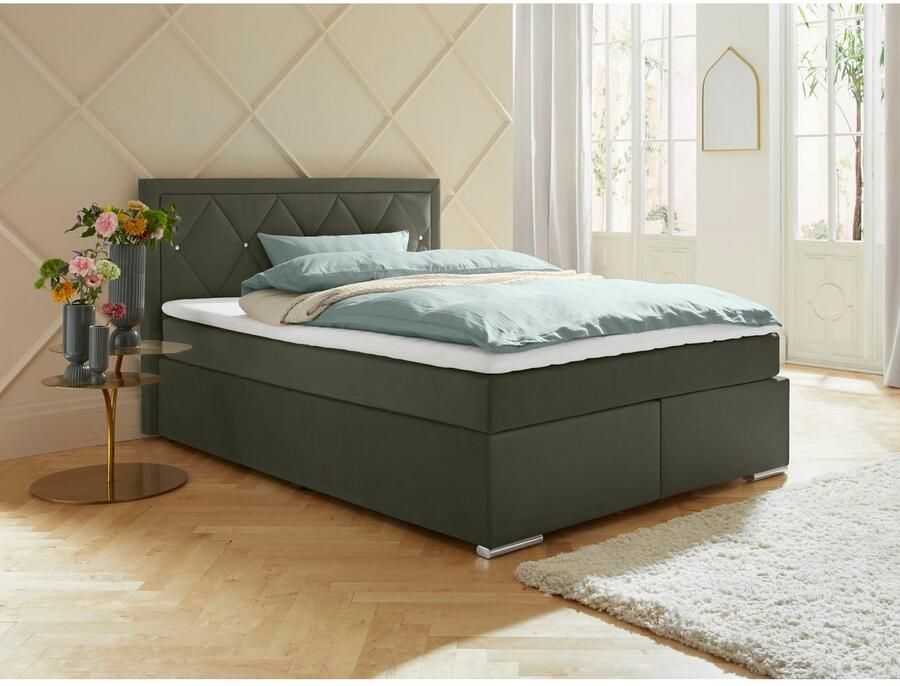 Leonique Boxspring Alfie bestseller optioneel met bedlade met strassteentjes in het hoofdbord h2 h3 en h4 ter keuze