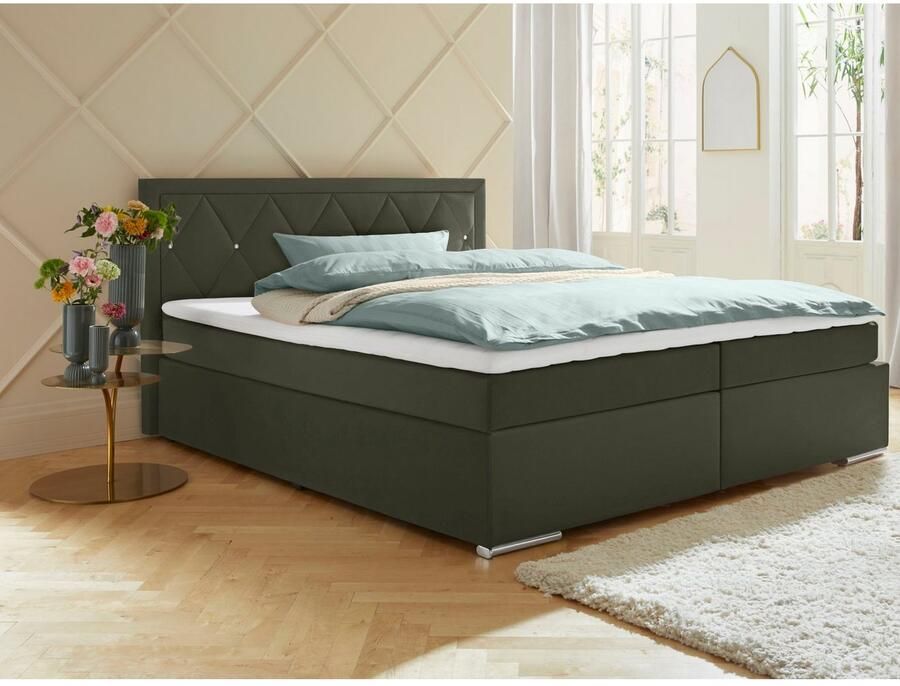 Leonique Boxspring Alfie bestseller optioneel met bedlade met strassteentjes in het hoofdbord h2 h3 en h4 ter keuze