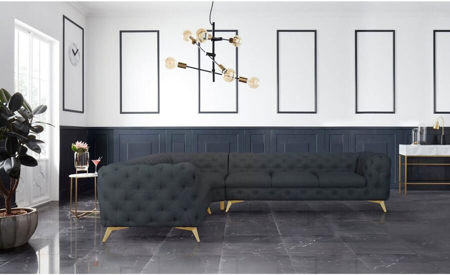 Home affaire Chesterfield-bank Hoekbank GLYNIS L-vorm met golfvering afmetingen B D H 323 264 75cm luxueuze capitonnage moderne chesterfield look kleur van de poten ter keuze - Foto 3