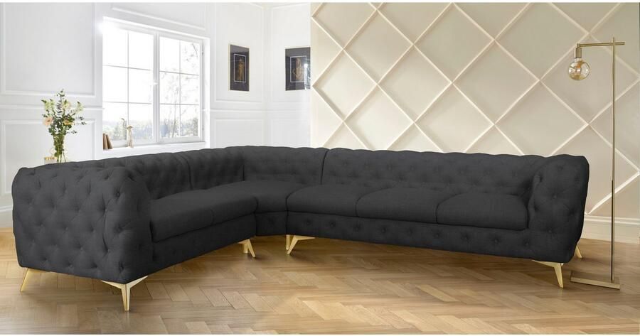 Home affaire Chesterfield-bank Hoekbank GLYNIS L-vorm met golfvering afmetingen B D H 323 264 75cm luxueuze capitonnage moderne chesterfield look kleur van de poten ter keuze - Foto 4