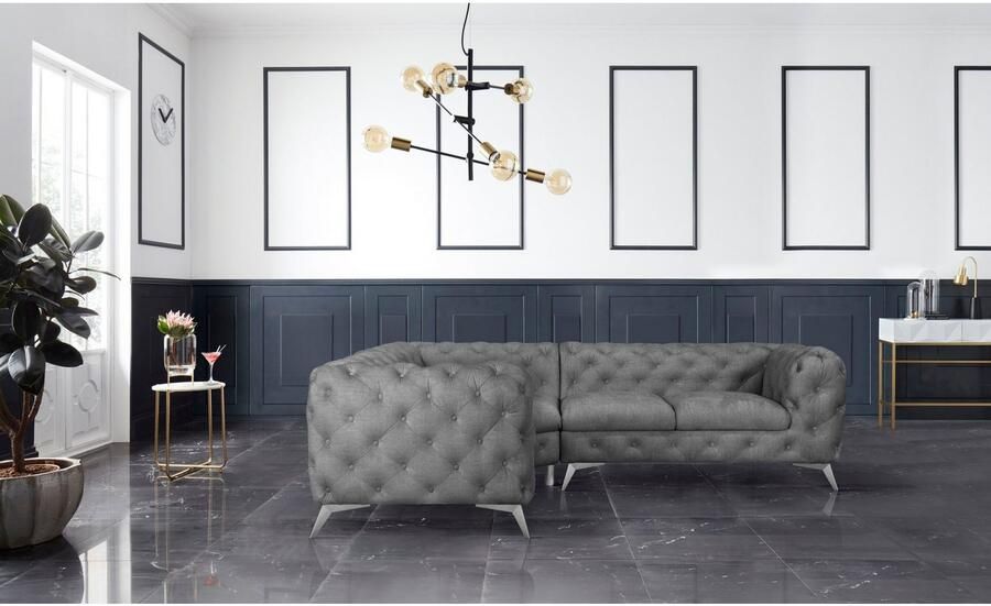 Home affaire Chesterfield-bank Hoekbank GLYNIS L-vorm met golfvering afmetingen B D H 264 204 75cm luxueuze capitonnage moderne chesterfield look kleur van de poten ter keuze - Foto 2