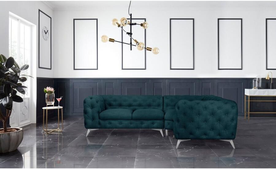Home affaire Chesterfield-bank Hoekbank GLYNIS L-vorm met golfvering afmetingen B D H 264 204 75cm luxueuze capitonnage moderne chesterfield look kleur van de poten ter keuze - Foto 3