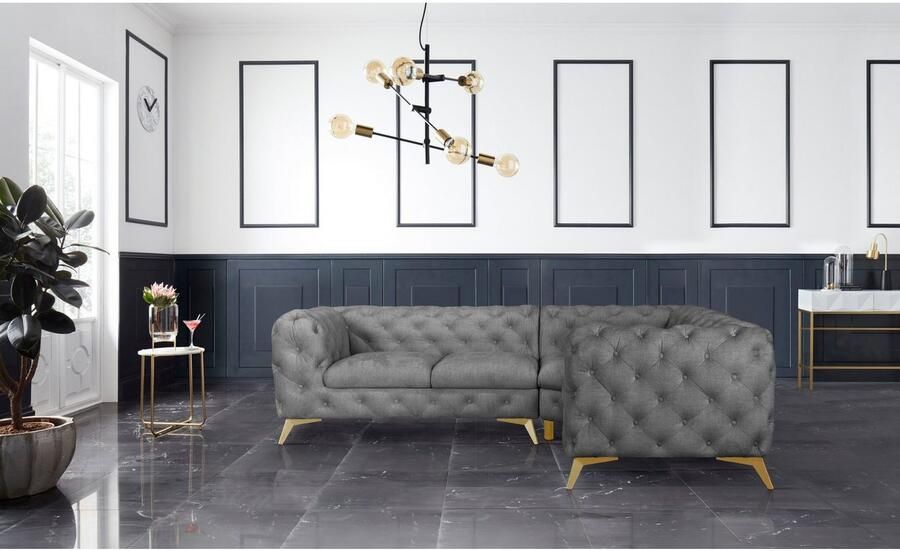 Home affaire Chesterfield-bank Hoekbank GLYNIS L-vorm met golfvering afmetingen B D H 264 204 75cm luxueuze capitonnage moderne chesterfield look kleur van de poten ter keuze - Foto 2