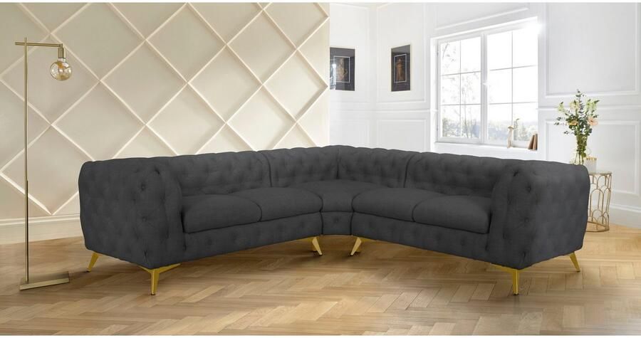 Home affaire Chesterfield-bank Hoekbank GLYNIS L-vorm met golfvering afmetingen B D H 264 264 75cm luxueuze capitonnage moderne chesterfield look kleur van de poten ter keuze - Foto 4