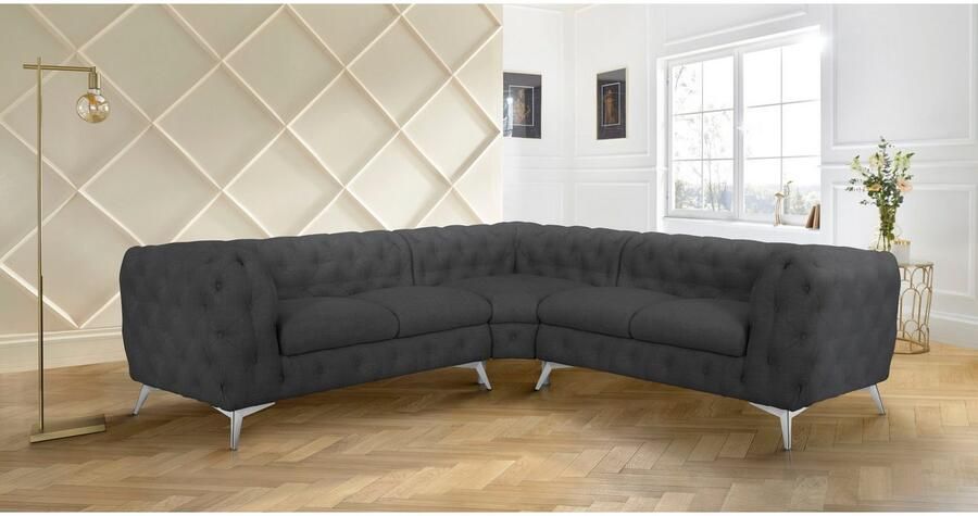 Home affaire Chesterfield-bank Hoekbank GLYNIS L-vorm met golfvering afmetingen B D H 264 264 75cm luxueuze capitonnage moderne chesterfield look kleur van de poten ter keuze - Foto 4