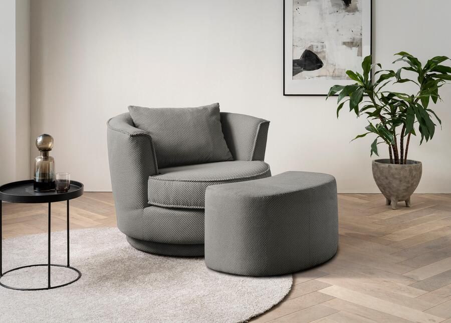 Leonique Draaibare fauteuil MAISIE Love Seat leesstoel stoelset met poef in mega cord en geweven fluweel draaibaar 360 graden met poef (2 stuks) - Foto 4