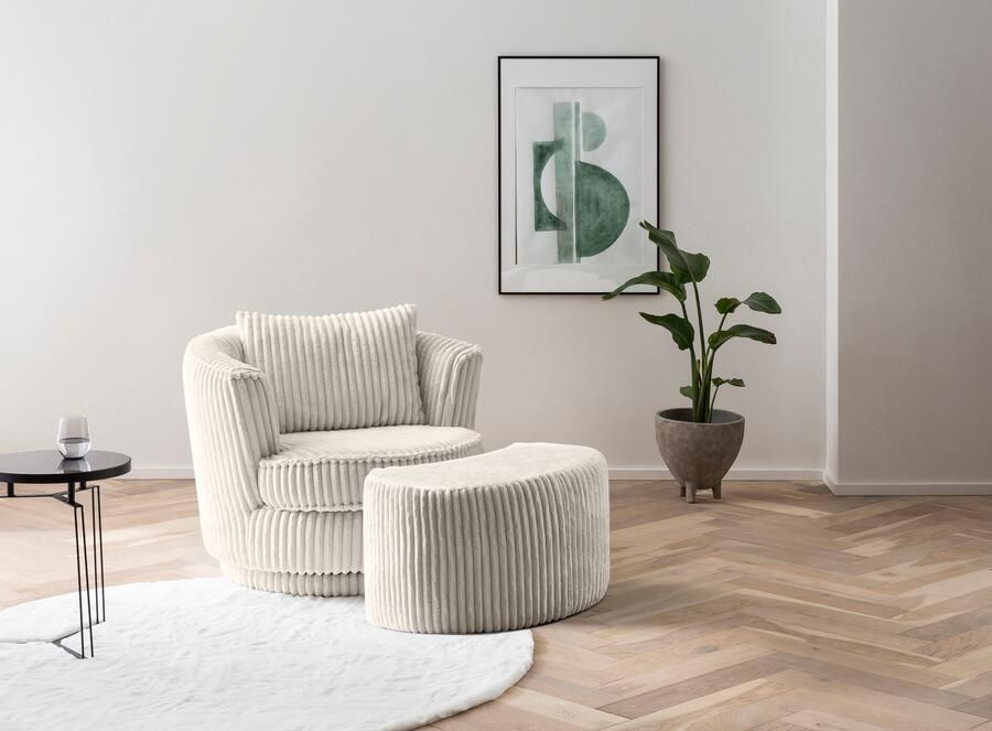 Leonique Draaibare fauteuil MAISIE Love Seat leesstoel stoelset met poef in mega cord en geweven fluweel draaibaar 360 graden met poef (2 stuks) - Foto 4