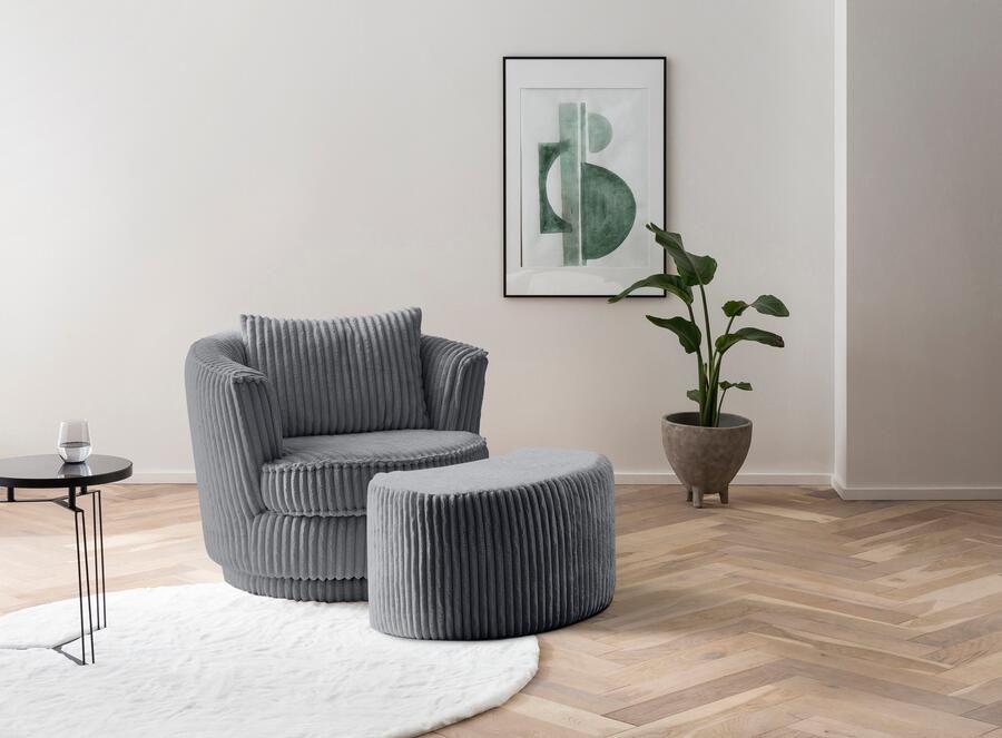 Leonique Draaibare fauteuil MAISIE Love Seat leesstoel stoelset met poef in mega cord en geweven fluweel draaibaar 360 graden met poef (2 stuks) - Foto 4