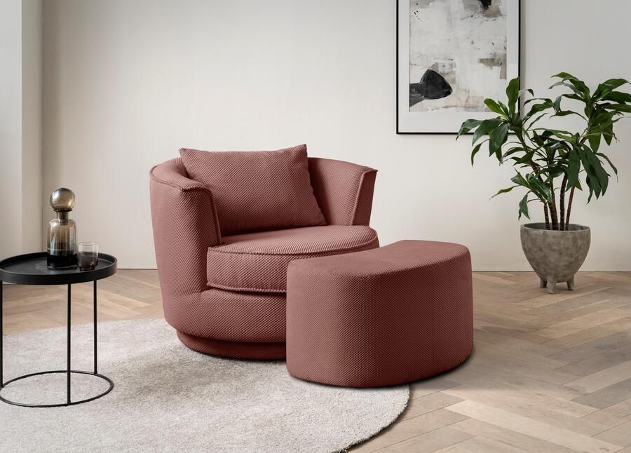 Leonique Draaibare fauteuil MAISIE Love Seat leesstoel stoelset met poef in mega cord en geweven fluweel draaibaar 360 graden met poef (2 stuks) - Foto 4