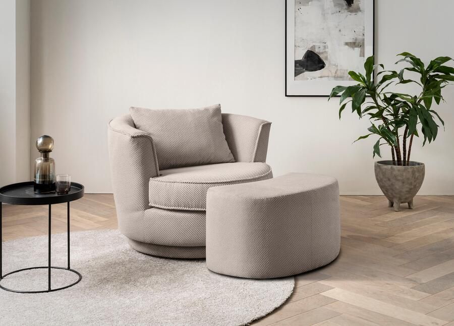 Leonique Draaibare fauteuil MAISIE Love Seat leesstoel stoelset met poef in mega cord en geweven fluweel draaibaar 360 graden met poef (2 stuks) - Foto 4