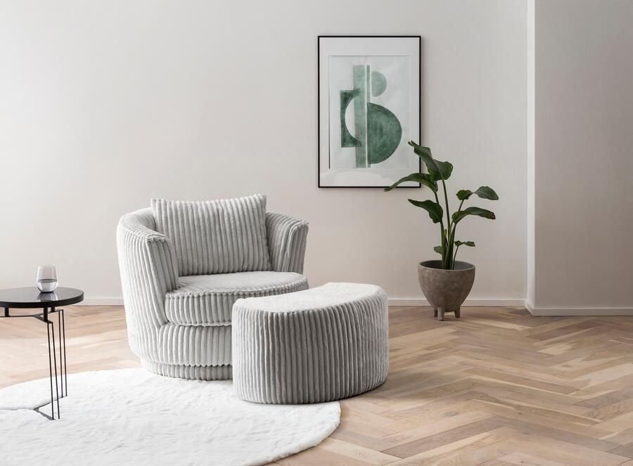 Leonique Draaibare fauteuil MAISIE Love Seat leesstoel stoelset met poef in mega cord en geweven fluweel draaibaar 360 graden met poef (2 stuks) - Foto 4