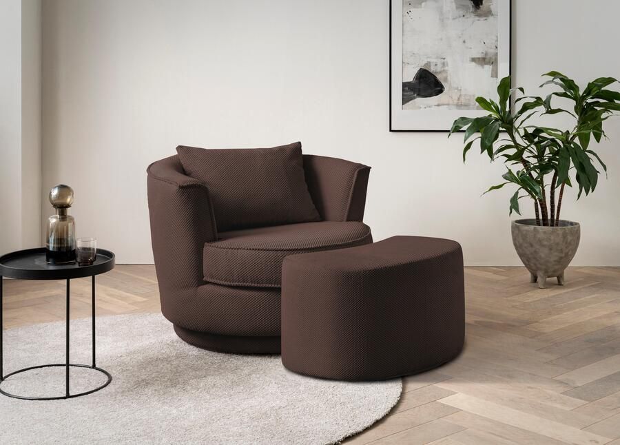 Leonique Draaibare fauteuil MAISIE Love Seat leesstoel stoelset met poef in mega cord en geweven fluweel draaibaar 360 graden met poef (2 stuks)
