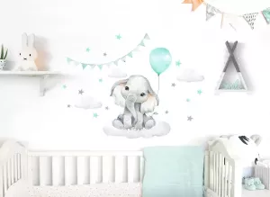 Little DECO Wandfolie Olifant met mint ballon & sterren