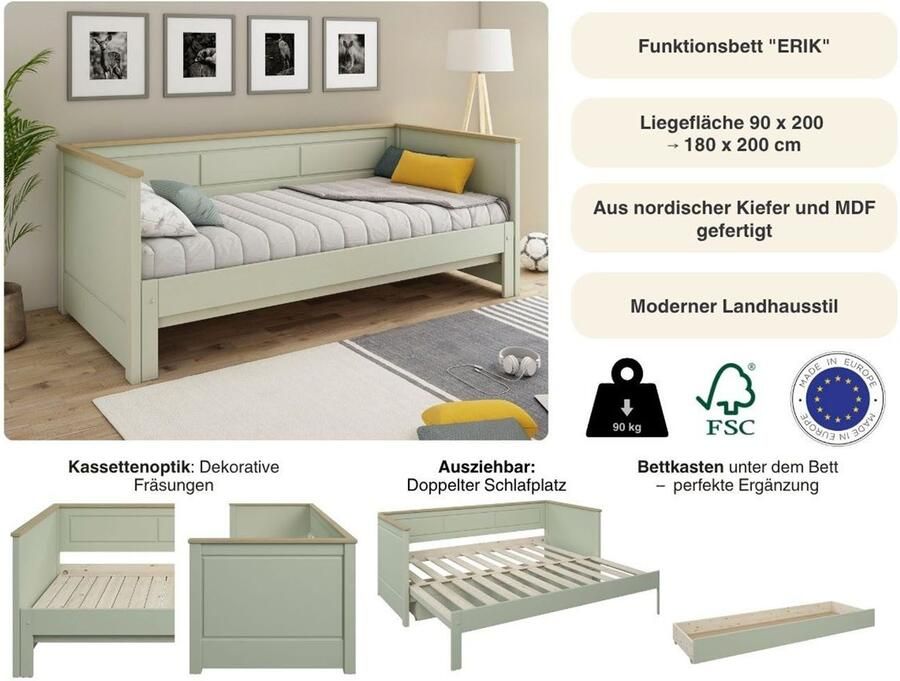 Lüttenhütt Functioneel ledikant ERIK TOPSELLER! Dagbed Gastbed Kinderbed Massief hout (Vuren) 2. slaapplaats uitschuifbaar moderne landhuisstijl lade optioneel - Foto 4