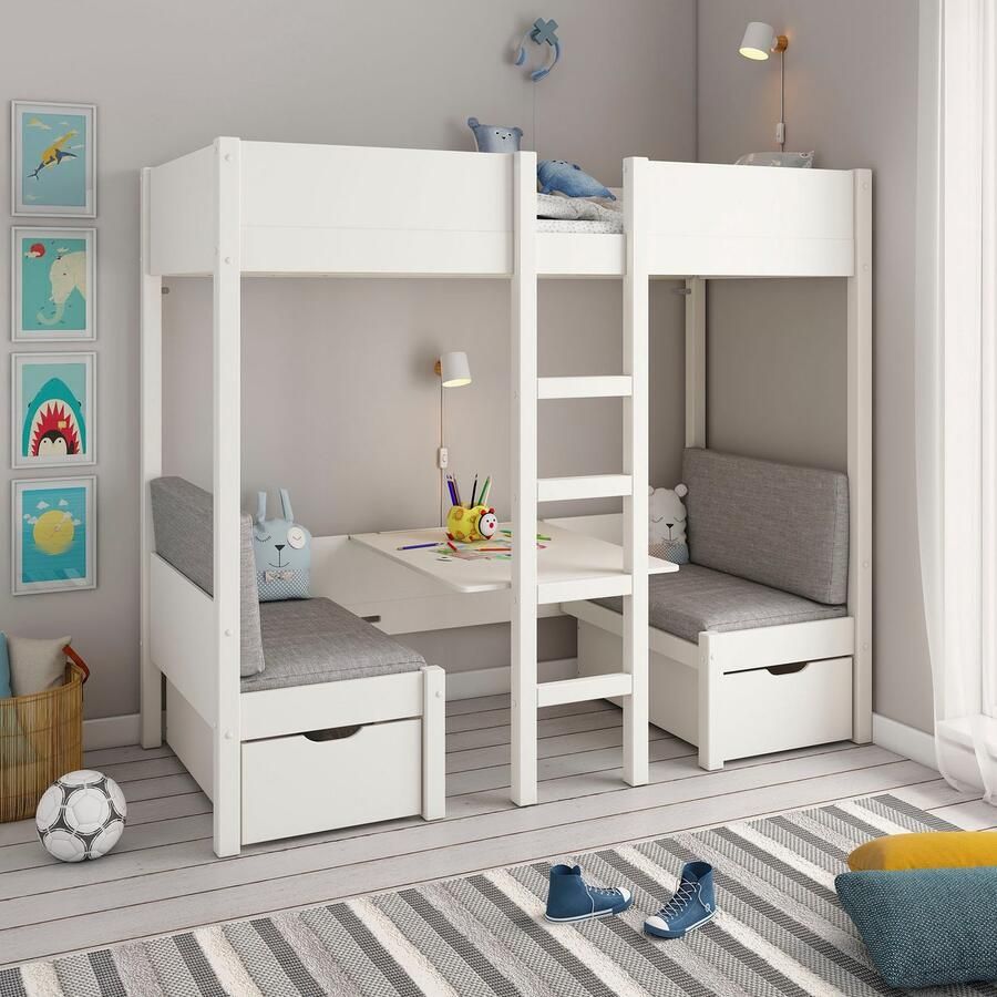 Lüttenhütt Stapelbed Stapelhoog "TIPO" topverkoper! Inclusief onderlagen 90x200cm veel opbergruimte massief hout inclusief tafel 2 laden 2 slaapplaatsen