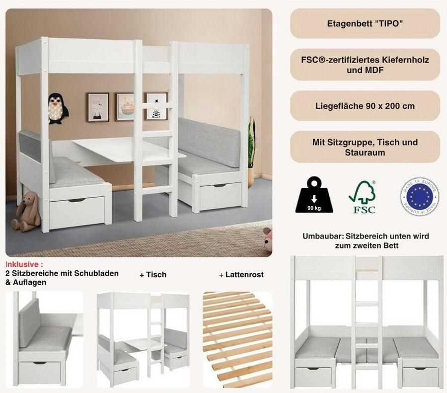 Lüttenhütt Stapelbed Stapelhoog "TIPO" topverkoper! Inclusief onderlagen 90x200cm veel opbergruimte massief hout inclusief tafel 2 laden 2 slaapplaatsen - Foto 7