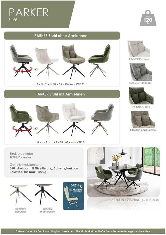 MCA furniture Eetkamerstoel Parker (2-set) draaibaar 360° draai- & schommelfunctie belastbaarheid 120 kg