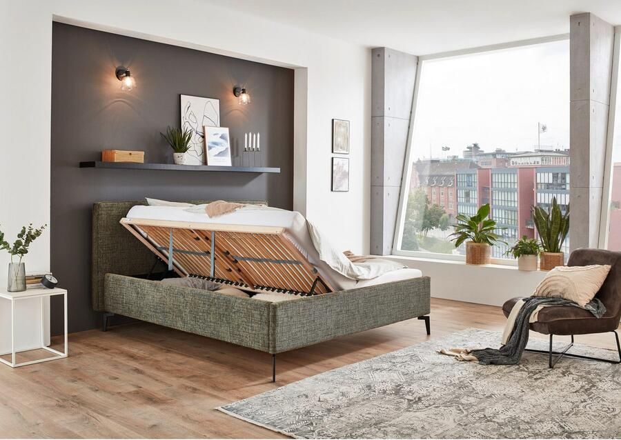 Meise.möbel Gestoffeerd bed Riva met eikenkleurige houten poten naar keuze met bedkist en lattenbodem - Foto 4