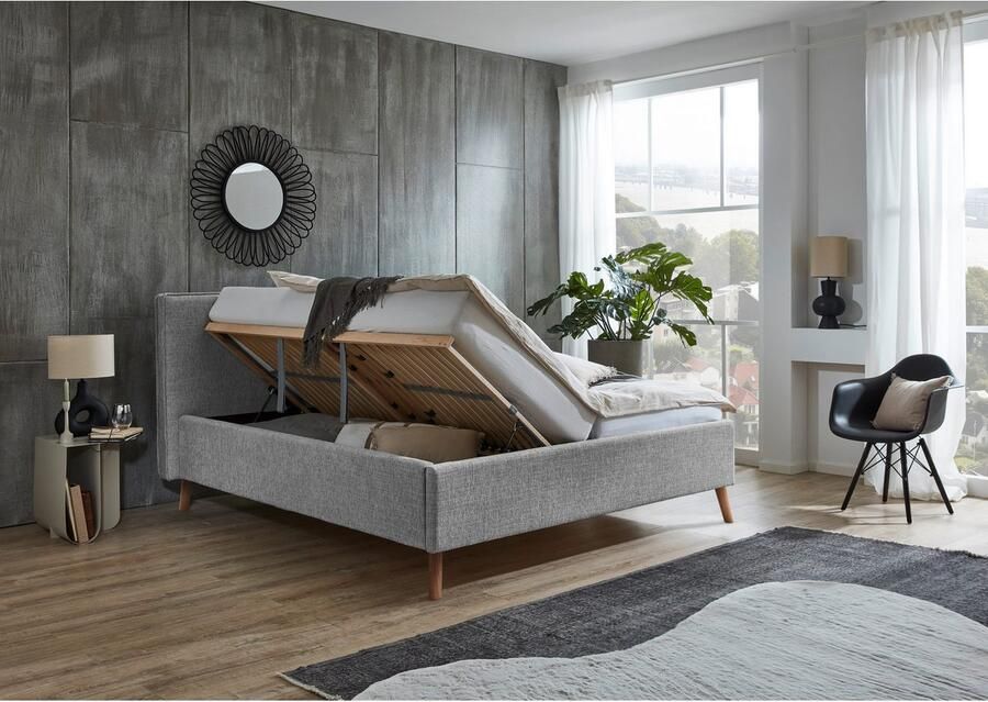 Meise.möbel Gestoffeerd bed Riva met eikenkleurige houten poten naar keuze met bedkist en lattenbodem - Foto 3