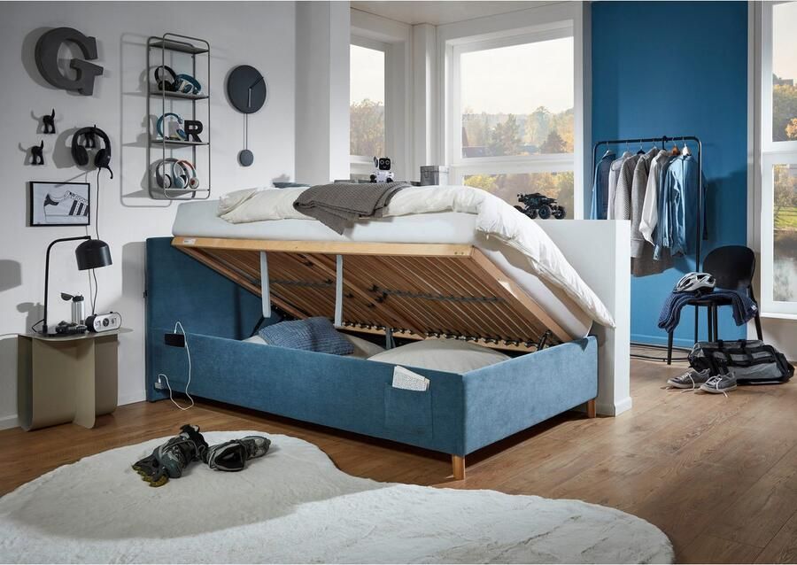 Meise.möbel Kinderledikant Blauw Bekleed bed naar keuze met bedkist tienerbed inclusief USB-aansluiting - Foto 5