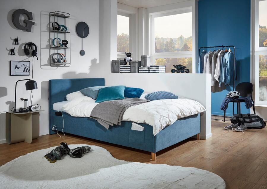 Meise.möbel Kinderledikant Blauw Bekleed bed naar keuze met bedkist tienerbed inclusief USB-aansluiting - Foto 9