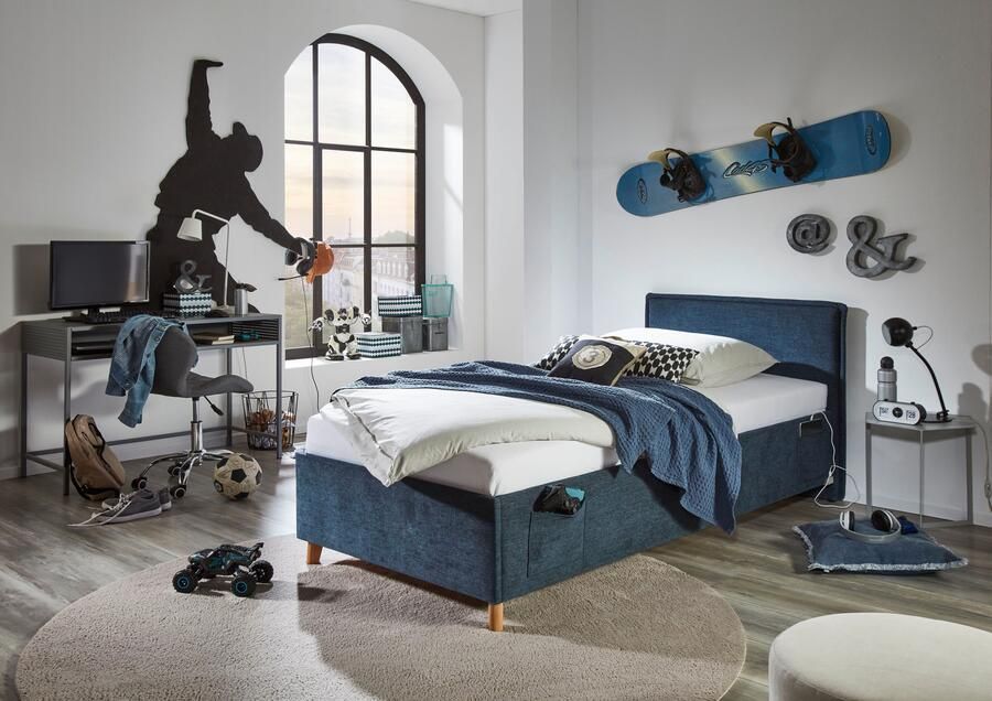 Meise Kofferbed Ollie 120 X 200 Cm Blauw Design Eenpersoons Gestoffeerd Bed Blauw Stof Twijfelaar (120 Cm Breed) Normaal Bed - Foto 12