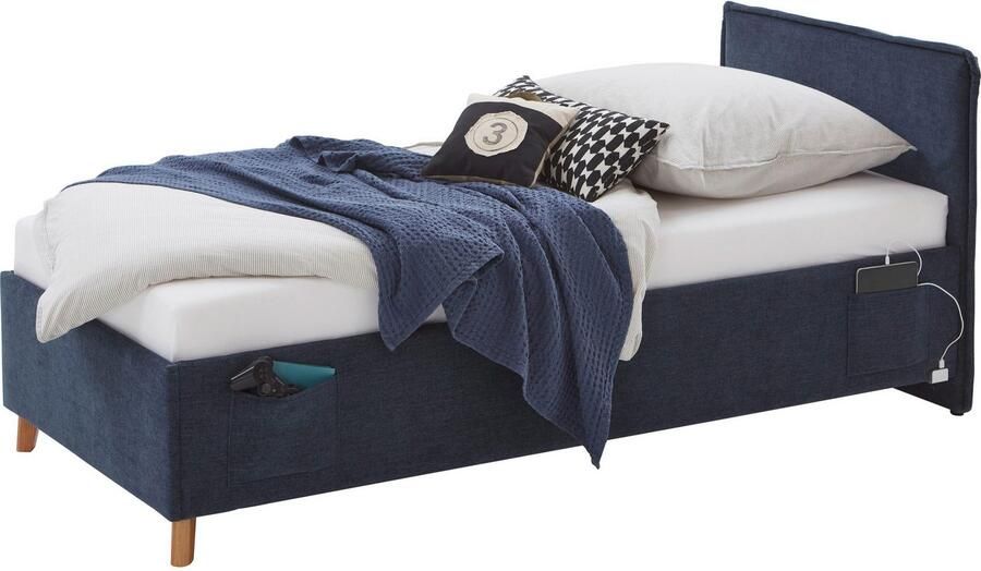 Meise Kofferbed Ollie 120 X 200 Cm Blauw Design Eenpersoons Gestoffeerd Bed Blauw Stof Twijfelaar (120 Cm Breed) Normaal Bed - Foto 11