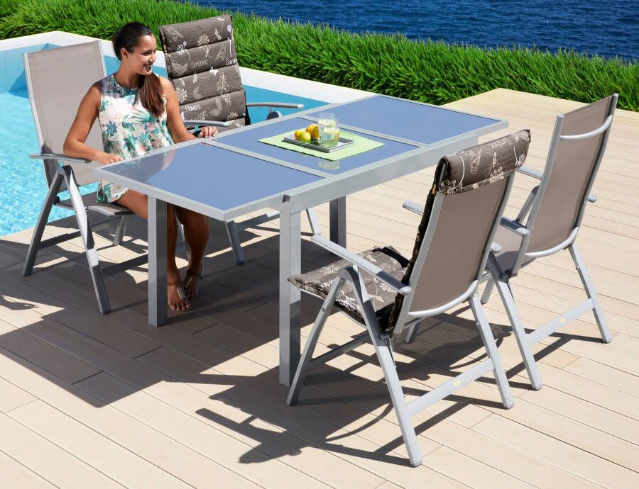 MERXX Tuin-eethoek Amalfi 4 klapstoelen uitschuifbare tafel 90 x 120-180 cm aluminium textiel (5-delig) - Foto 1