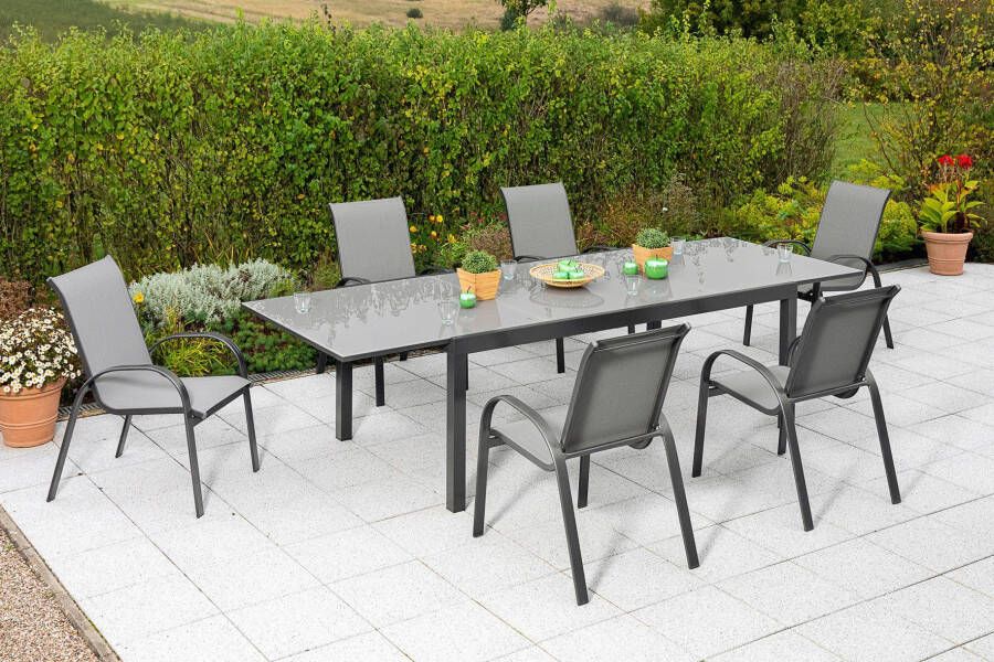 MERXX Tuin-eethoek Amalfi 6 stapelstoelen uitschuifbare tafel 110 x 200-300 cm (set 7-delig) - Foto 2
