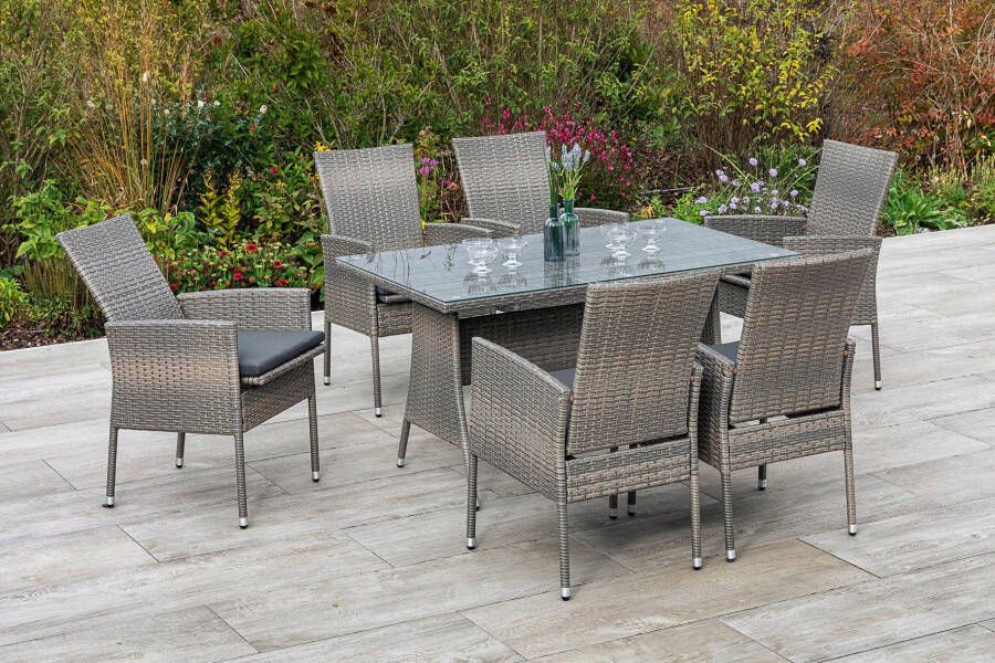 MERXX Tuin-eethoek Sevilla 6 fauteuils met zitkussen tafel steenbeige (7-delig)