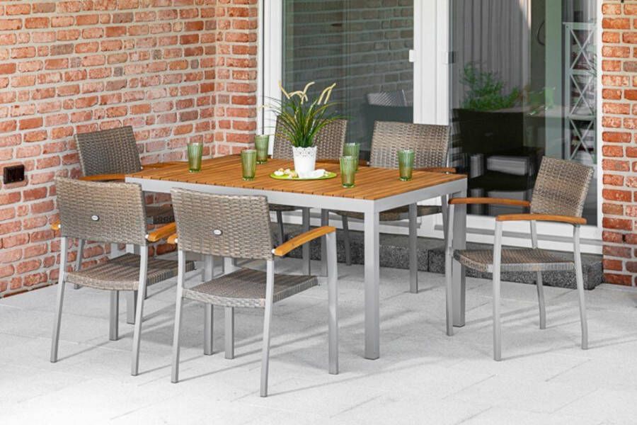MERXX Tuin-eethoek Silano 6 stapelstoelen met armleuningen tafel acaciahout aluminiumframe (7-delig)