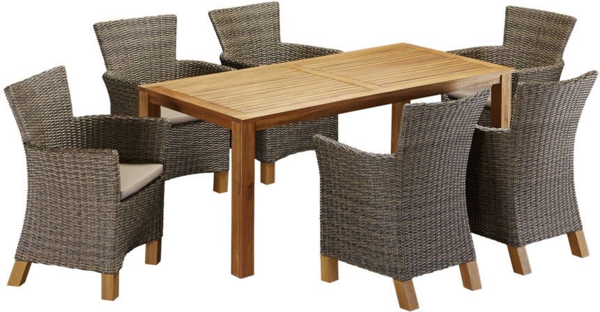 MERXX Tuin-eethoek Toscane 6 fauteuils tafel 185x90 cm polyrotan acacia (13-delig)