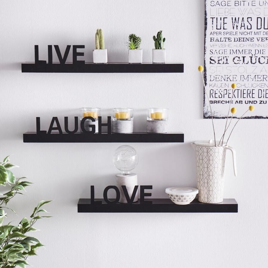 My home Decoratief wandrek Live Love Laugh Decoratief rek wanddecoratie met een opschrift (set 3-delig)