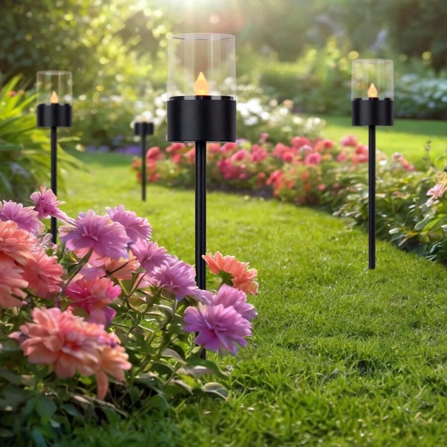 My home Led-solarlamp Lufy 4-delige set decoratieve spiezen tuinfakkel met vlam effect metaal h: 37cm (4 stuks)