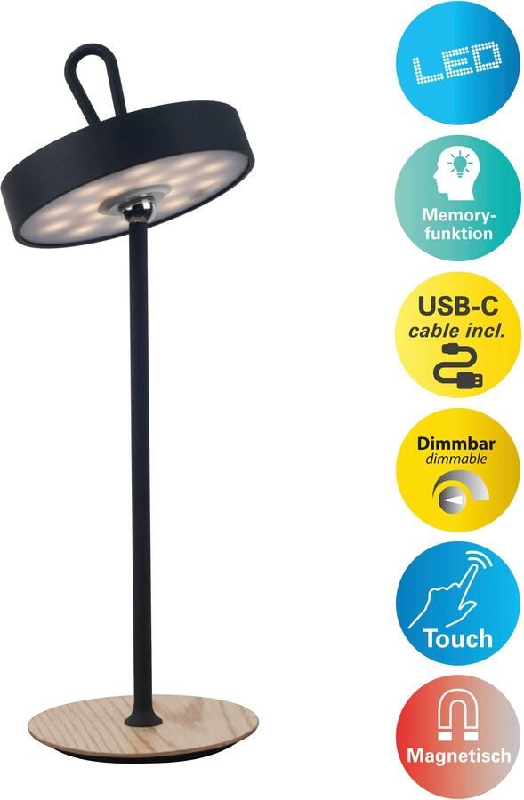 My home Led-tafellamp Charmont met houten voet afneembare hoofdkant als hanglamp te gebruiken oplaadbaar incl. accu + usb-kabel hoofdeinde magnetisch afneembaar hout (1 stuk) - Foto 7