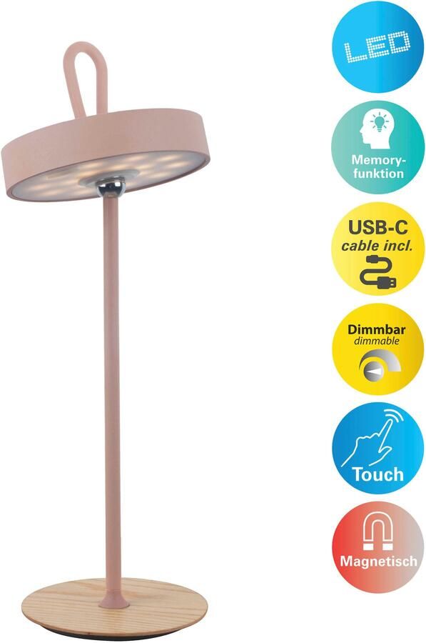 My home Led-tafellamp Charmont met houten voet afneembare hoofdkant als hanglamp te gebruiken oplaadbaar incl. accu + usb-kabel hoofdeinde magnetisch afneembaar hout (1 stuk) - Foto 9